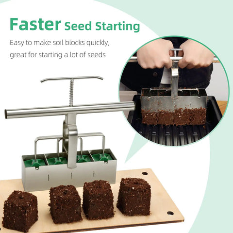 Easy To Use Soil Blocker With Comfortable Handle, 4 cell 2 inch block maker in use, creating uniform soil blocks for germination.