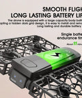 Ultra Foldable Drone With Optical Flow Positioning And 720P HD Camera Six Channel Flight Stability Gyro Based Stabilization shown with long-lasting battery.