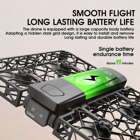 Ultra Foldable Drone With Optical Flow Positioning And 720P HD Camera Six Channel Flight Stability Gyro Based Stabilization shown with long-lasting battery.