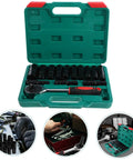Robust 14 Pc Electric Screwdriver Impact Socket Set With Hex Bits And Extended Sockets For Heavy Duty Power Tool Repairs And Auto Mechanics case open, green plastic kit with ratchet and black sockets