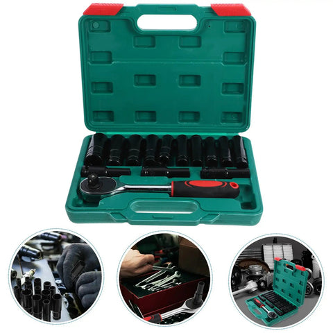 Robust 14 Pc Electric Screwdriver Impact Socket Set With Hex Bits And Extended Sockets For Heavy Duty Power Tool Repairs And Auto Mechanics case open, green plastic kit with ratchet and black sockets