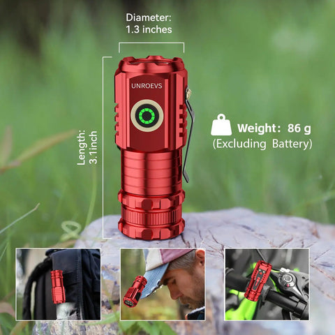 Tiny But Mighty Pocket USB C Rechargeable Flashlight, 2550 Lumens, Magnetic Tail, on rock showing dimensions and weight