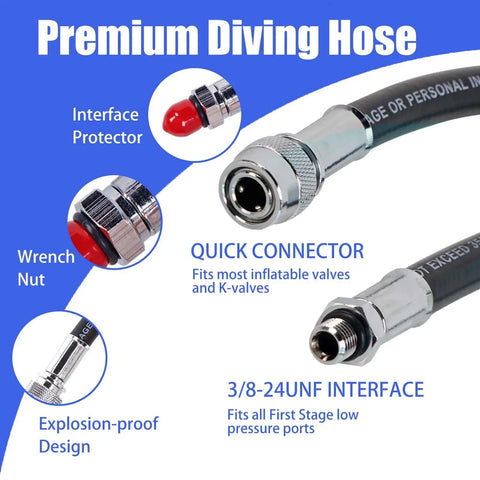 Premium Rubber Low Pressure Scuba Inflator Hose For Standard BCD, 350 PSI Rating, highlighting 3/8-24 UNF Interface.