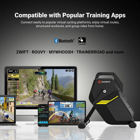 Direct Drive Indoor Bike Trainer With Bluetooth And ANT Plus Smart Resistance Control next to screens showing cycling apps