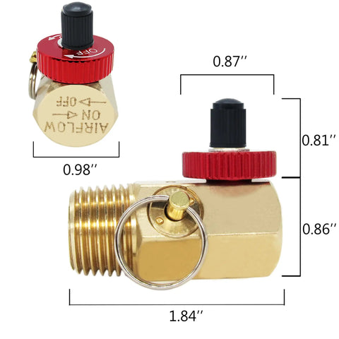 Shop Floor Ready Brass Air Tank Manifold With Half Inch Mnpt Fill Port And Quarter Hose Link Plus Eighth Gauge Socket, detailed view of valve dimensions.