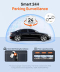 Graphic of Smart 24H Parking Surveillance with car under dome, dash cam icons, and time-lapse feature details.