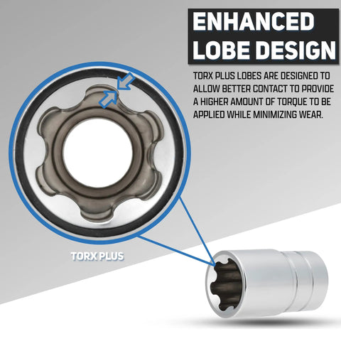 Torx Plus Bit Socket Set For One Quarter Inch, Three Eighths Inch, And One Half Inch Drives Pro Grade Chrome Vanadium Build Enhanced Lobe Design