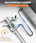 Rechargeable Digital Caliper With Large LCD Screen, Stainless Steel Measuring Tool, connected with Type C, shown charging next to laptop.