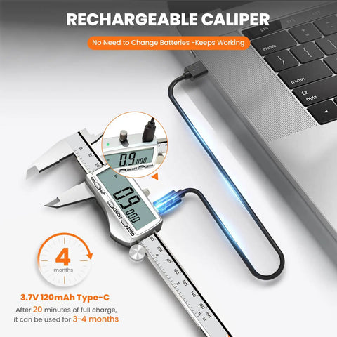 Rechargeable Digital Caliper With Large LCD Screen, Stainless Steel Measuring Tool, connected with Type C, shown charging next to laptop.