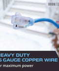 Person holding All Weather Outdoor Extension Cord 25 Ft Heavy Duty Lighted 3 Prong 16/3 SJEOW, showcasing blue cable