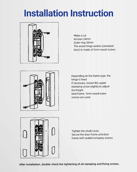 Installation instructions for Slick Hidden Door Hinges Pack Of 2, 6 Inch Concealed Zinc Alloy Butt Hinges In Black.