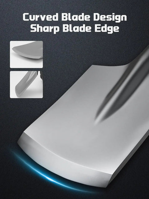 Curved blade edge of SDS Max Clay Spade Bit Four And One Half Inch By Seventeen Inch Heavy Duty Steel Shovel Bit for digging.