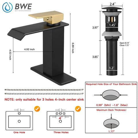 Matte Black Bathroom Faucet With Modern Waterfall Design, Single Hole Sink Faucet dimensions and installation guide