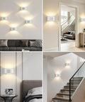Modern LED Wall Sconces Hardwired with On/Off Switch, White, illuminating various interiors including living room and staircase.