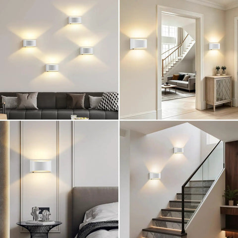 Modern LED Wall Sconces Hardwired with On/Off Switch, White, illuminating various interiors including living room and staircase.