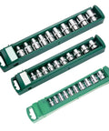 Heavy Duty Car Repair Socket Wrench Drive Head Kit With 3 8 Inch Quick Release Drive, green storage tray, 10 steel sockets.