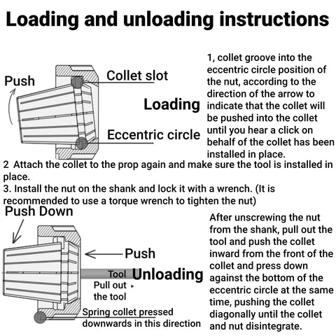 Loading and unloading instructions for ER20 Collet Set 1 to 13mm for CNC Milling Lathe Engraving Router