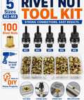Heavy Duty Head Rivet Nut Tool Kit With 100 Assorted M3 M4 M5 M6 M8 Threaded Inserts, manual and drill use