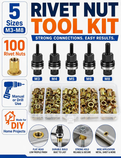 Heavy Duty Head Rivet Nut Tool Kit With 100 Assorted M3 M4 M5 M6 M8 Threaded Inserts, manual and drill use