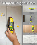 3-in-1 Magnetic Stud Finder with Laser demonstrating fixing on drywall, wall paper, wooden wall; not suitable for tile wall.