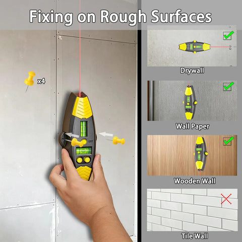 3-in-1 Magnetic Stud Finder with Laser demonstrating fixing on drywall, wall paper, wooden wall; not suitable for tile wall.