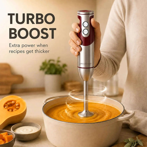 Kickass Immersion Hand Blender With Five Multifunction Attachments And Twelve Variable Speed Settings Whips Up Soups Purees And Smoothies Effortlessly A Real Game Changer For Your Countertop in use blending soup.