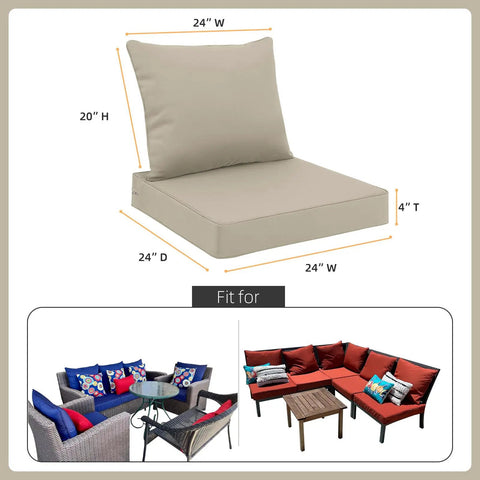 Weatherproof Outdoor Seat Cushion Set 24 X 24 Inch Deep Seat With 24 X 20 Inch Back Cushion Water Resistant with removable cover