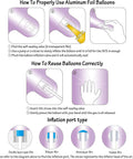Instructions for using and reusing aluminum foil balloons, showing valves and inflation port types.