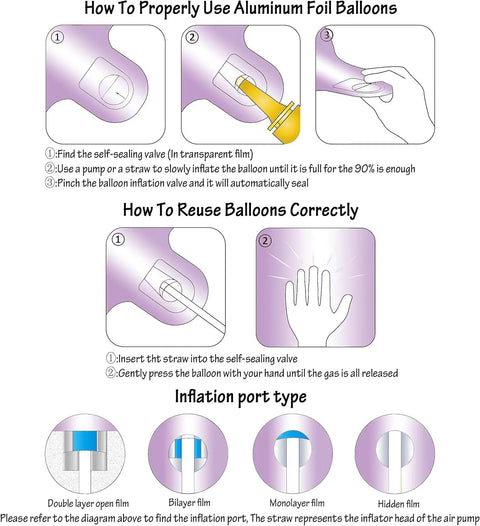 Instructions for using and reusing aluminum foil balloons, showing valves and inflation port types.