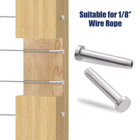 20 Pack Stemball Swage Dead End Invisible Cable Railing Kit Terminal for wood post with 1/8 inch wire rope setup.