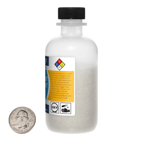 Two Bottles Of PCB Etchant, 8 Ounces Total, Pro Grade 99% Pure ACS Reagent Grade Dry Crystals For Copper Etching, with quarter for scale