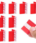 8 Pack Clear Acrylic Self Adhesive Hinges for Cabinets Drawers Lids and Displays, red design, held in hand, continuous piano hinge 35x25mm