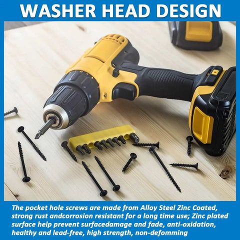 Drill with Tough As Nails Rust Resistant Black Pocket Hole Screws 2.5 Inch 100 Pack Exterior Wood Screws on wooden surface