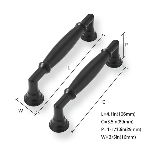 Premium Black Cabinet Pulls 10 Pack Rock Solid Zinc Alloy Kitchen Handles with 3.5 Inch Hole Centers for Dressers and Bedrooms Corrosion Resistant Durable Swanky Hardware Upgrade - Black drawer pulls with dimensions shown.