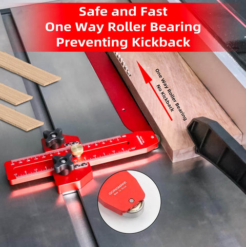 Thin Rip Jig Table Saw Guide for Quick Repetitive Narrow Strip Cuts with anti kickback safety feature, in use on table saw.