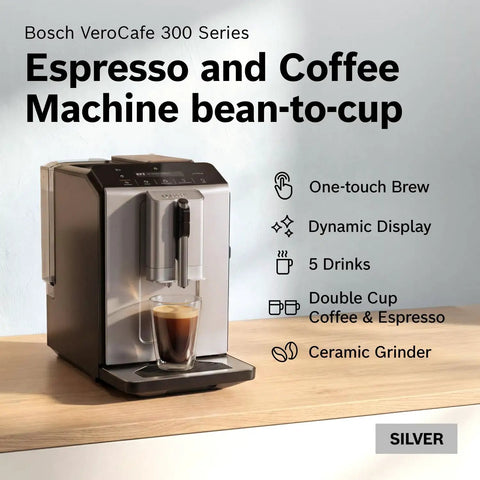 One Touch Espresso And Coffee Maker With Ceramic Grinder Barista Style Milk Froth Bean To Cup Brewing Large Bean Hopper Easy Clean Maintenance Silver TIU20307 on counter