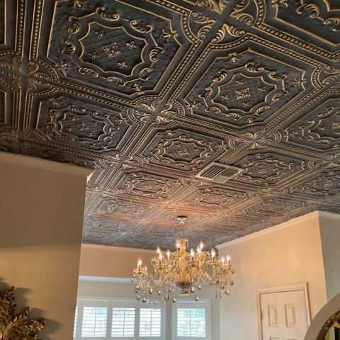 Room with Drop In 2x2 Ceiling Tiles Pack Of 10 PVC Panels With Antique Gold Faux Tin Look, elegant chandelier visible