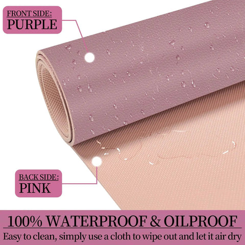 Purple pink waterproof desk mat showing both sides of 3 In 1 Large Keyboard And Mouse Pad Set With Ergonomic Wrist Rests, 31.5x15.7 inches.