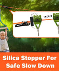 Child using Backyard Zipline Pulley Kit For Kids with silica stopper and 2-inch slackline.