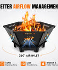 Collapsible 23 Inch Wood Burning Fire Pit for Camping and Patio showing airflow management with flames and 360 air inlet.