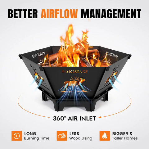 Collapsible 23 Inch Wood Burning Fire Pit for Camping and Patio showing airflow management with flames and 360 air inlet.