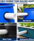 Flexible Rubber Tank Bulkhead Adapters For Sealing, 1-1/4 Inch Fit, showing application in rain barrels, water tanks, hydroponics