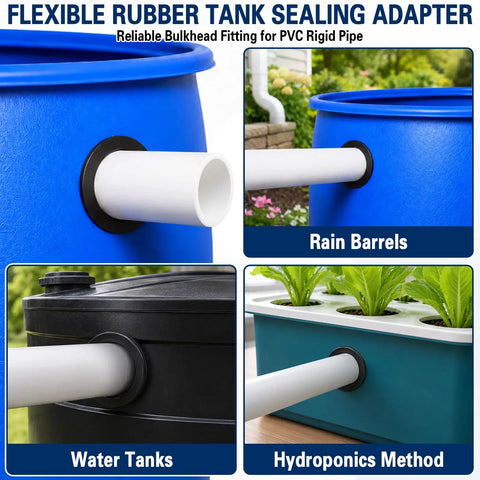 Flexible Rubber Tank Bulkhead Adapters For Sealing, 1-1/4 Inch Fit, showing application in rain barrels, water tanks, hydroponics