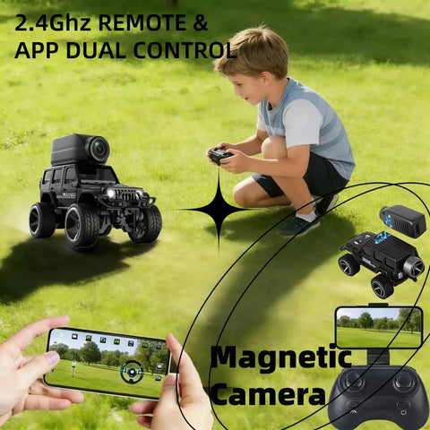 Child playing with One Sixty Four Scale 4WD Alloy Mini RC Crawler With FPV Camera, remote control and mobile app in view
