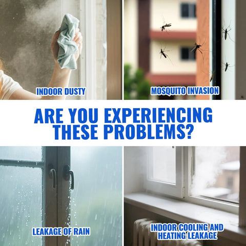 Weather Stripping Door Draft Stopper and Window Seal by Amazon; collage shows dust, mosquitoes, rain leakage, and window leakage.