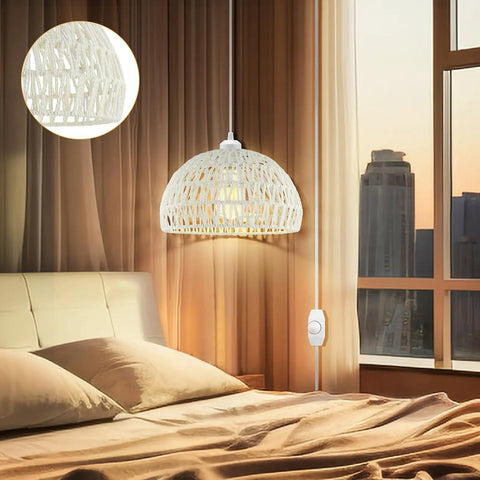 Hand Woven Bamboo Pendant Light With 15 Ft Hemp Cord Plug In Rattan Hanging Lamp On Off Switch 7W LED Bulb Included above bed