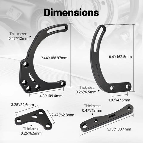 Dimensions of Aluminum SBC Alternator And Power Steering Pump Drive Bracket Kit With Pulley for Chevy V8