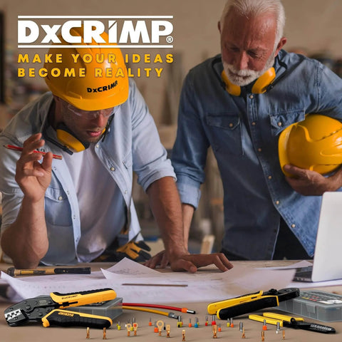 Two people planning with DxCrimp tools, including the Beefy Ferrule Crimping Tool Kit With Ratchet Pliers For 24-8 AWG Wire displayed on table.