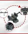 Heavy Duty 4 Inch Cross Slide Drill Press Vise XY Compound Benchtop Clamp For CNC Milling And Drilling Machines And Other Mechanical Equipment 100 mm Jaw Three Point Nine Four Inch Travel Cast Iron Construction, front and side view