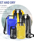 Totally Waterproof Dry Bag For Kayaking And Boating, various sizes and colors, shown with straps, designed for outdoor use